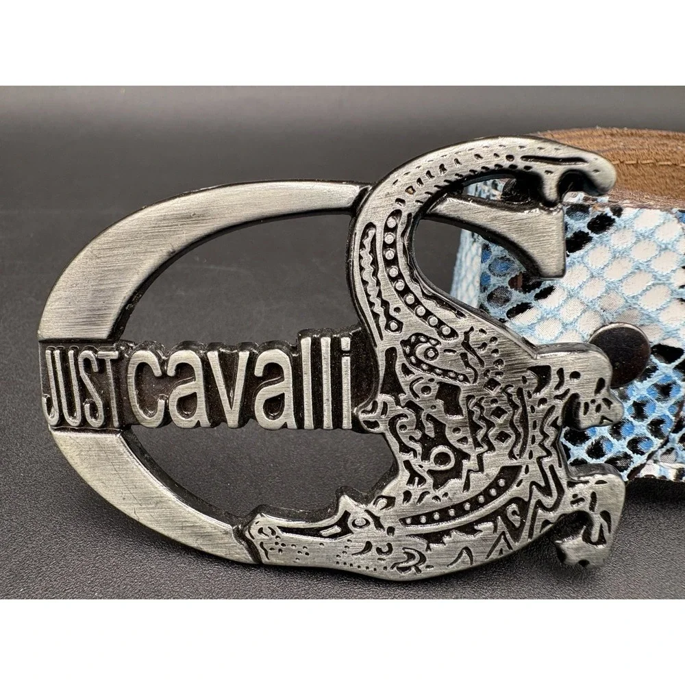 Just Cavalli Croc Leather Belt Blue Black White Crocodile Buckle Size 31-36 EUC